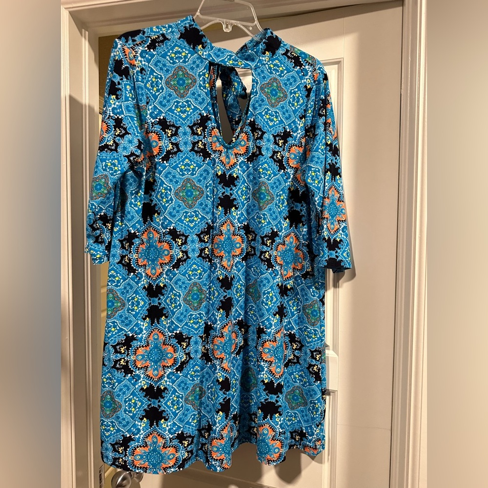 Turquoise Mandala Print Mock Neck Swing Dress - XL
